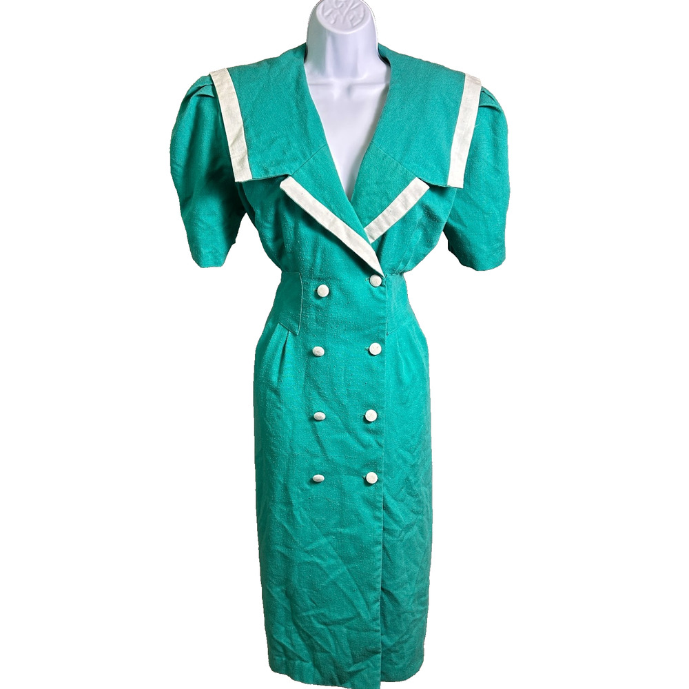 Vintage 80s REO Originals Pinup Midi Dress Womens 12 Teal Siren Sailor Unionmade